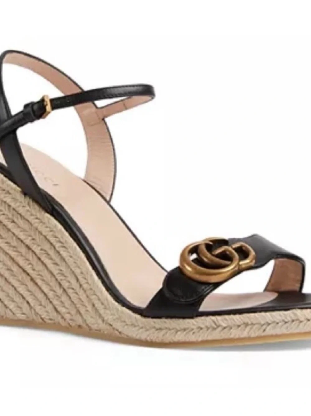 Gucci Black Leather Espadrille Wedge Sandals with Gold Accent